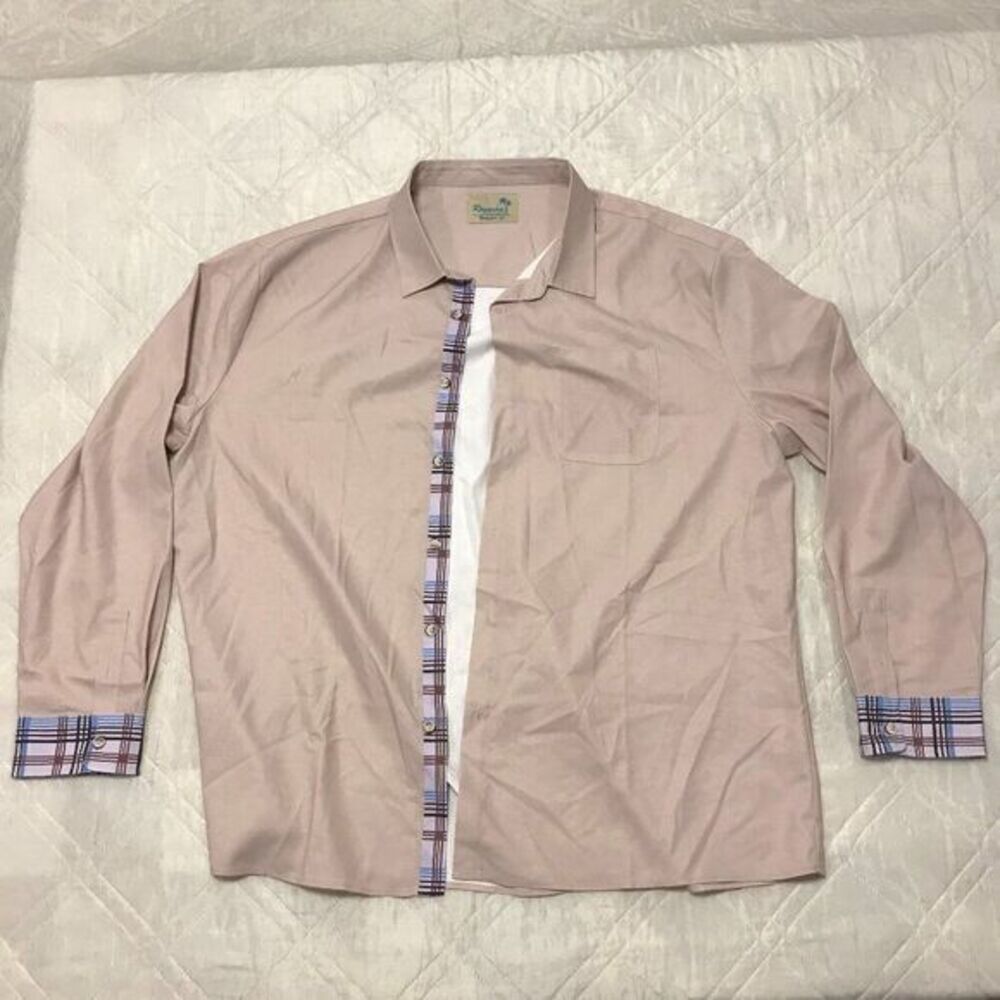 Royaura vacation is a state of mind Hawaiian long sleeve shirt tan w/ plaid trim
